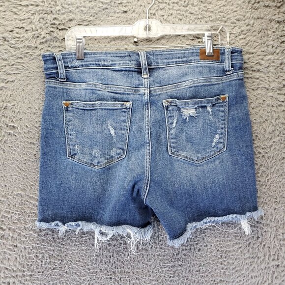 Judy Blue Shorts Womens XL Blue Distressed Denim High Rise Raw Hem Stretchy - Picture 11 of 12